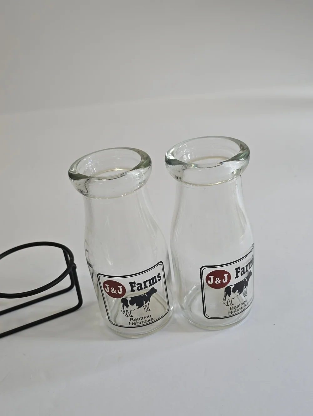 Vintage J&J Farms Set Of 2 Milk Glass Bottle Set With Metal Caddy Beatrice NE